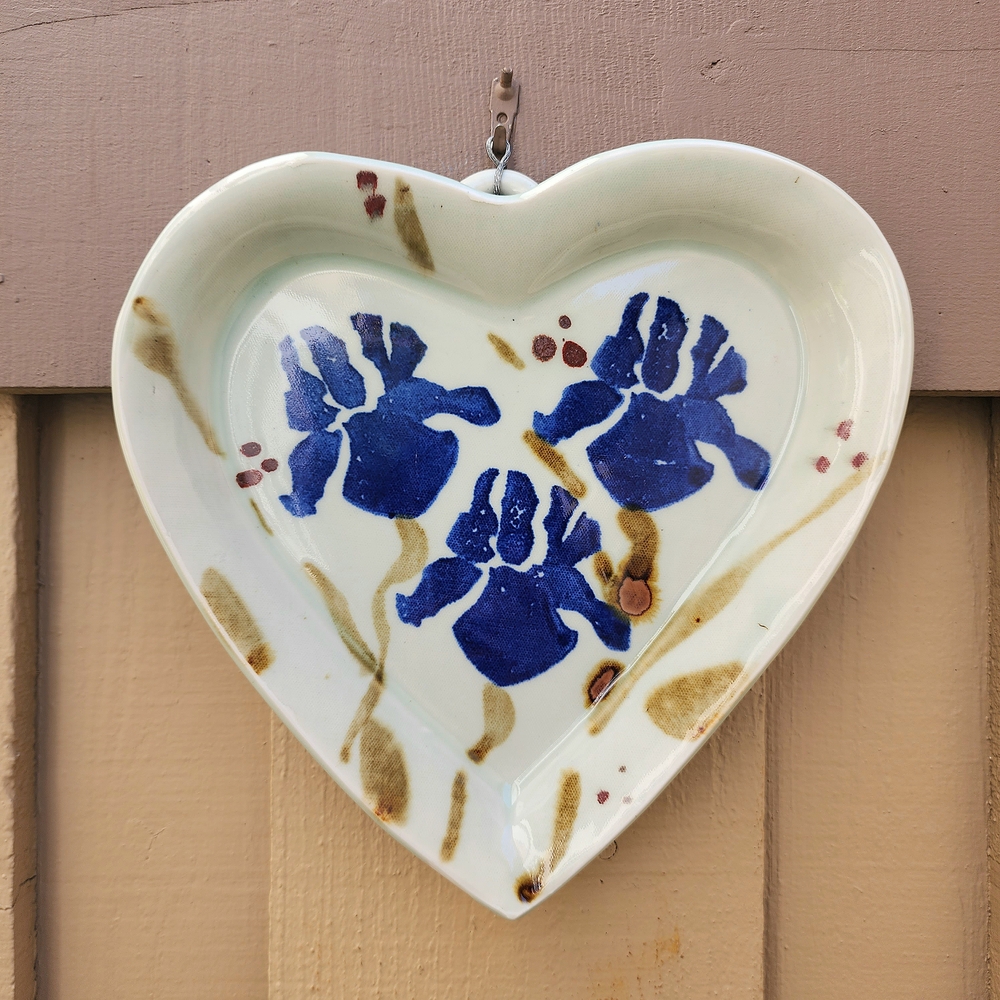Artisan Handmade Ceramic Heart Dish Wall Art with Blue Floral Design Cottagecore